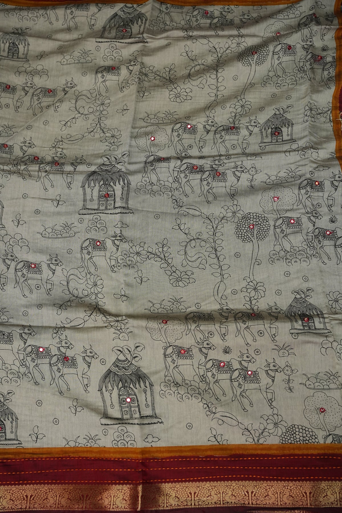 Chanderi Cotton Saree with Kalamkari Prints & Embroidered Pallu – Grey & Maroon
