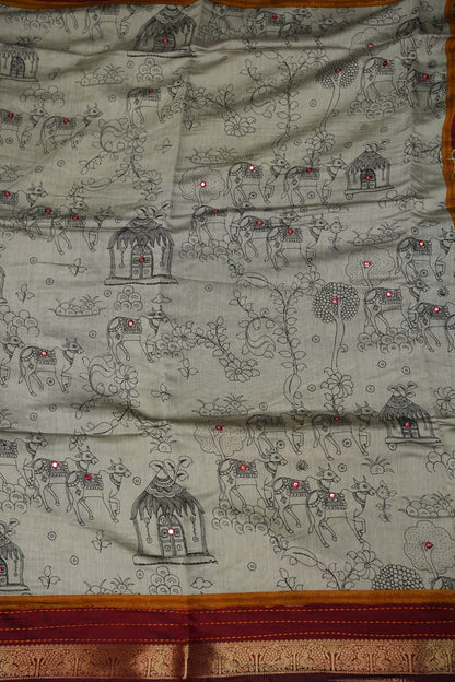 Chanderi Cotton Saree with Kalamkari Prints & Embroidered Pallu – Grey & Maroon