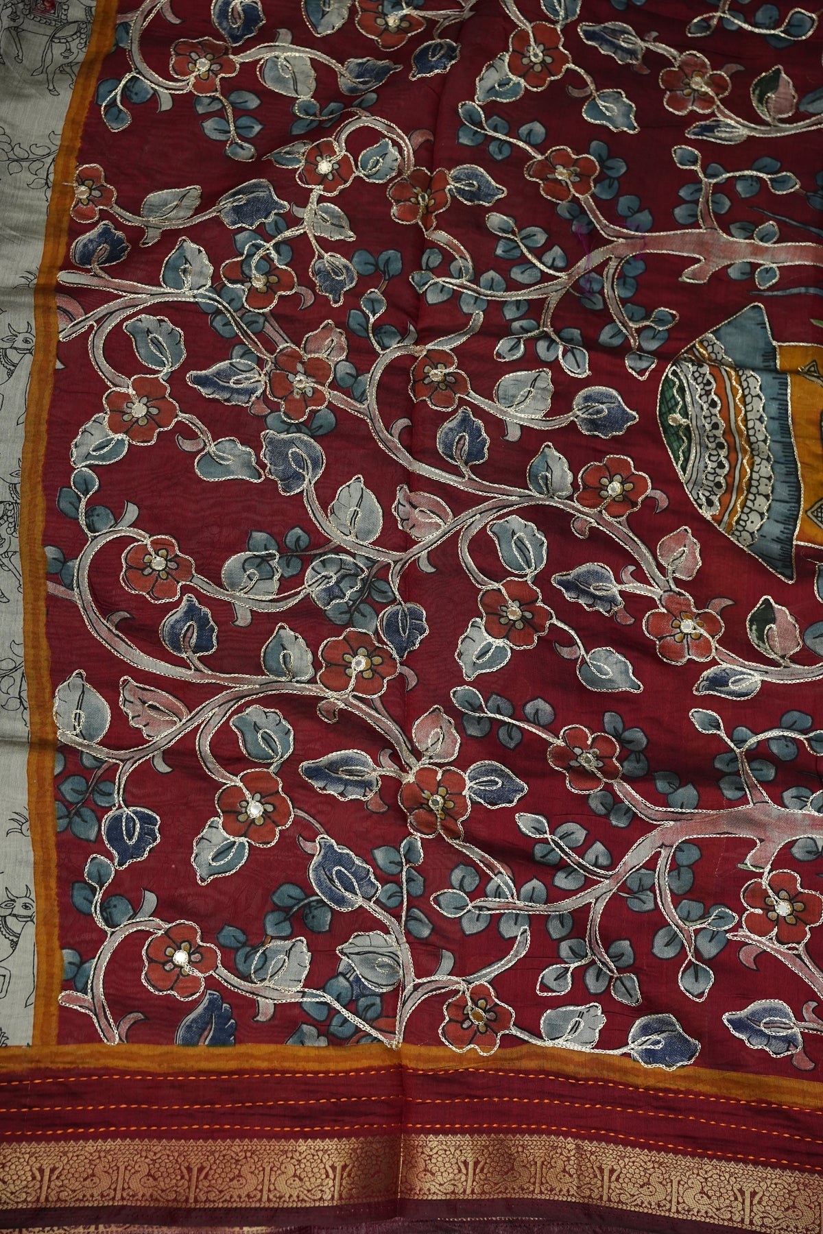 Chanderi Cotton Saree with Kalamkari Prints & Embroidered Pallu – Grey & Maroon