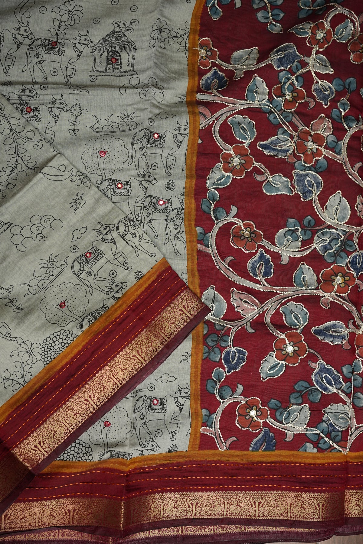 Chanderi Cotton Saree with Kalamkari Prints & Embroidered Pallu – Grey & Maroon