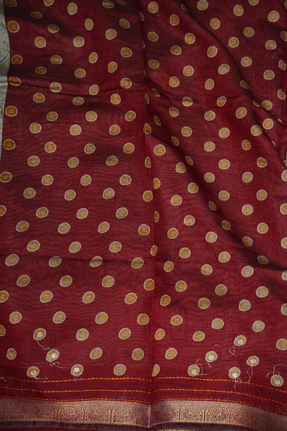 Chanderi Cotton Saree with Kalamkari Prints & Embroidered Pallu – Grey & Maroon