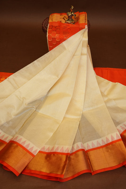 Pure Kuppadam Korvai Silk Cotton Pattu Saree-Ivory and Orange