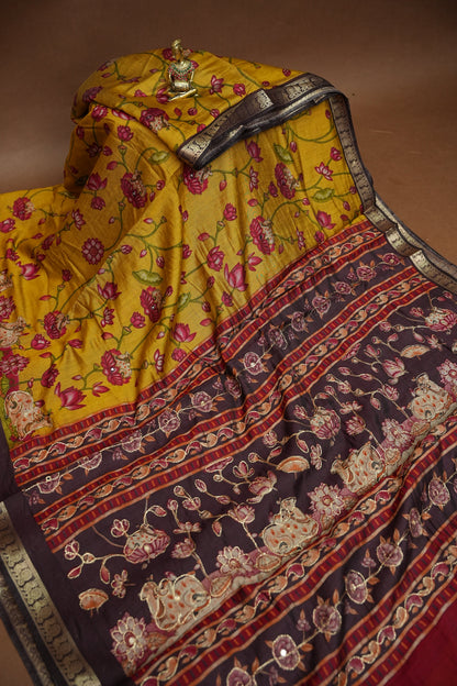 Chanderi Cotton Saree with Kalamkari Prints & Embroidered Pallu – Mustard Yellow & Brown