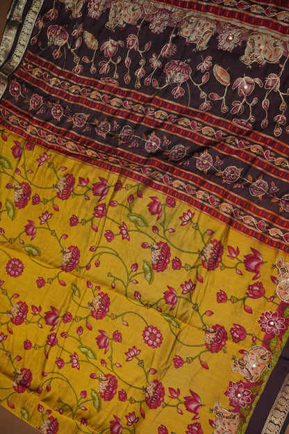 Chanderi Cotton Saree with Kalamkari Prints & Embroidered Pallu – Mustard Yellow & Brown