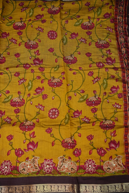 Chanderi Cotton Saree with Kalamkari Prints & Embroidered Pallu – Mustard Yellow & Brown