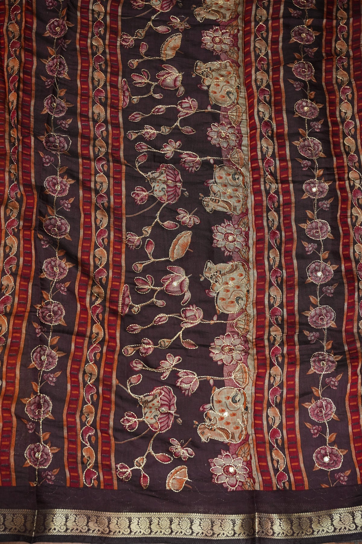 Chanderi Cotton Saree with Kalamkari Prints & Embroidered Pallu – Mustard Yellow & Brown
