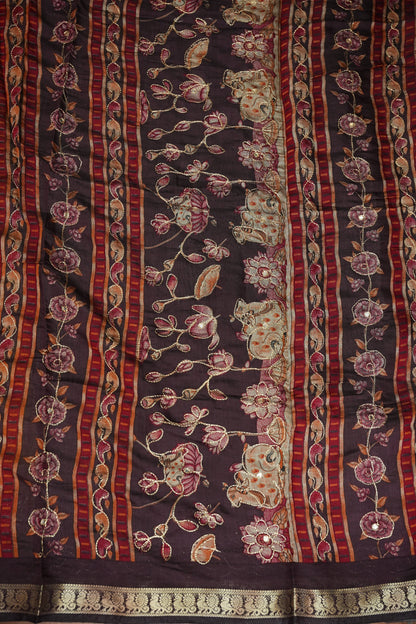 Chanderi Cotton Saree with Kalamkari Prints & Embroidered Pallu – Mustard Yellow & Brown