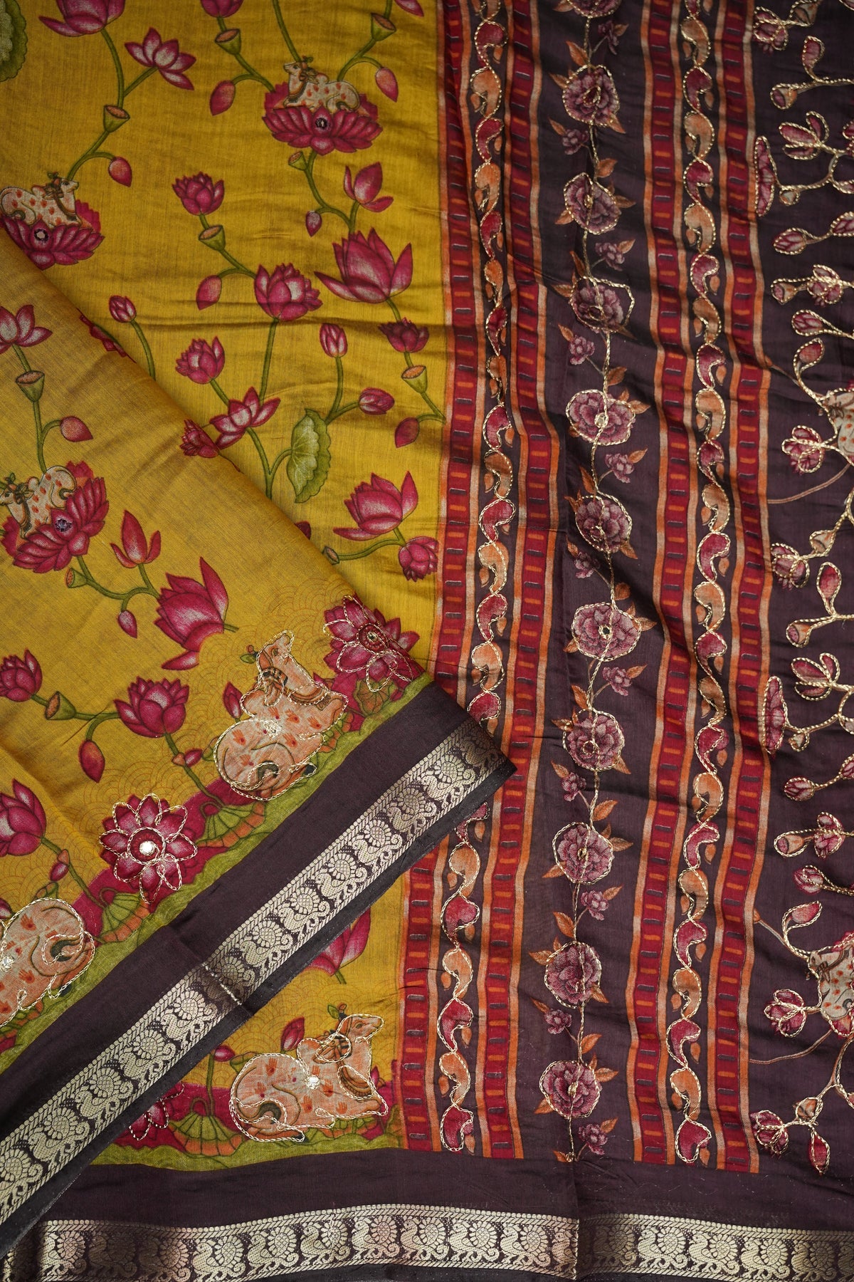 Chanderi Cotton Saree with Kalamkari Prints & Embroidered Pallu – Mustard Yellow & Brown