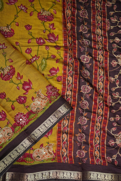 Chanderi Cotton Saree with Kalamkari Prints & Embroidered Pallu – Mustard Yellow & Brown