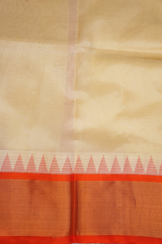 Pure Kuppadam Korvai Silk Cotton Pattu Saree-Ivory and Orange