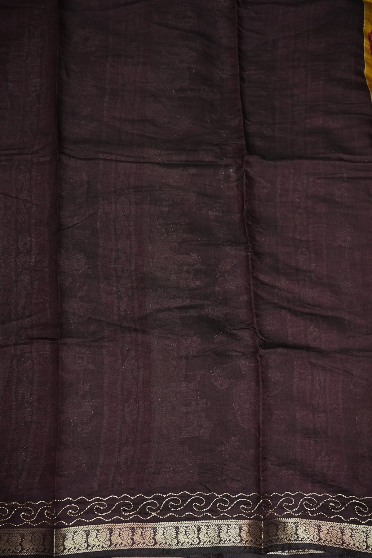 Chanderi Cotton Saree with Kalamkari Prints & Embroidered Pallu – Mustard Yellow & Brown