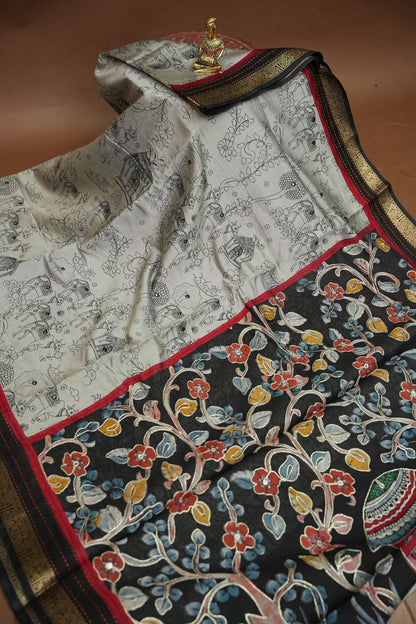 Chanderi Cotton Saree with Kalamkari Prints & Embroidered Pallu – Grey & Black