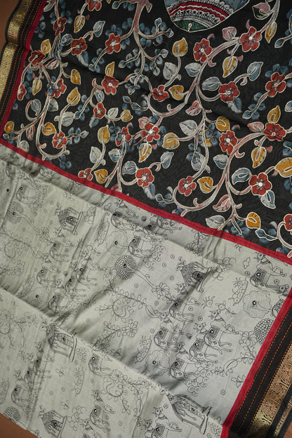 Chanderi Cotton Saree with Kalamkari Prints & Embroidered Pallu – Grey & Black