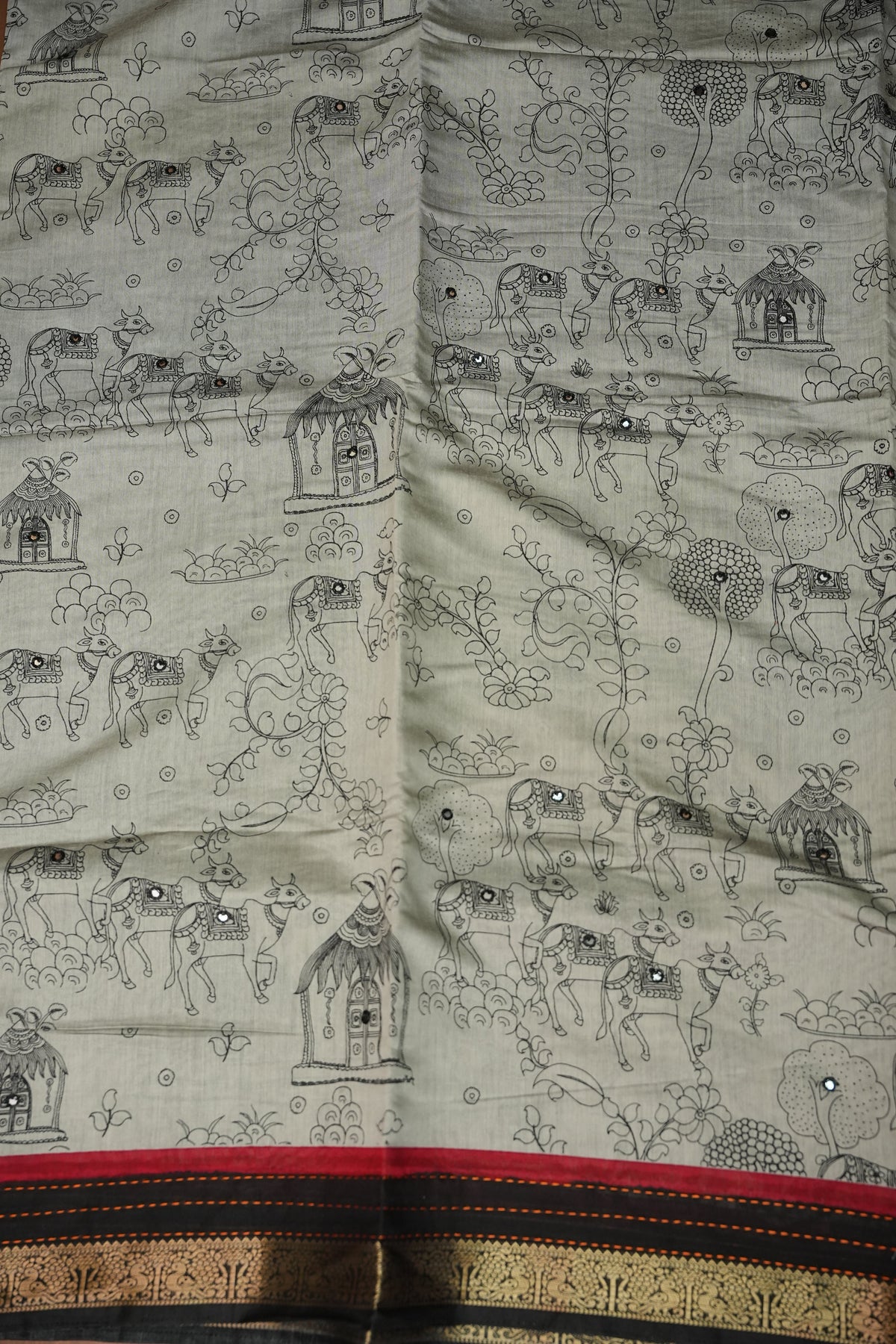 Chanderi Cotton Saree with Kalamkari Prints & Embroidered Pallu – Grey & Black