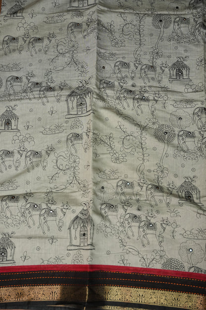 Chanderi Cotton Saree with Kalamkari Prints & Embroidered Pallu – Grey & Black