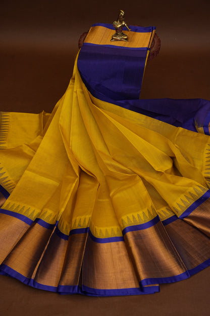 Pure Kuppadam Korvai Silk Cotton Pattu Saree-Golden Yellow & Blue