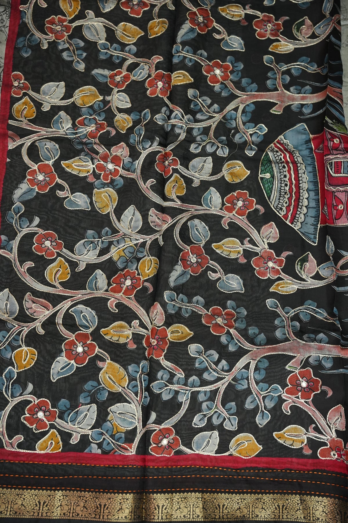 Chanderi Cotton Saree with Kalamkari Prints & Embroidered Pallu – Grey & Black
