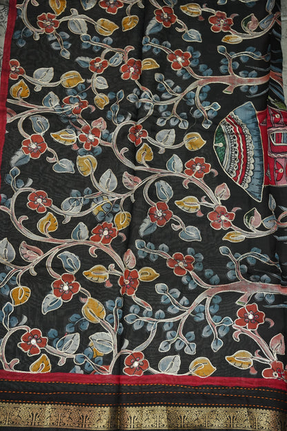 Chanderi Cotton Saree with Kalamkari Prints & Embroidered Pallu – Grey & Black