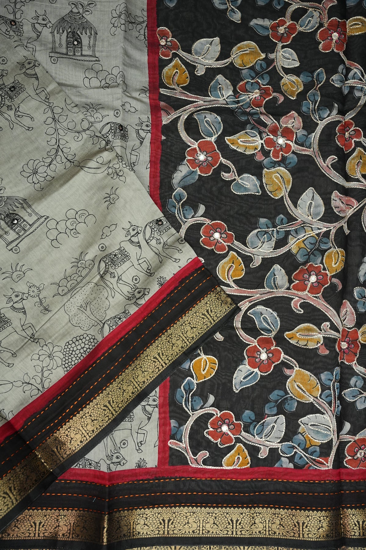 Chanderi Cotton Saree with Kalamkari Prints & Embroidered Pallu – Grey & Black