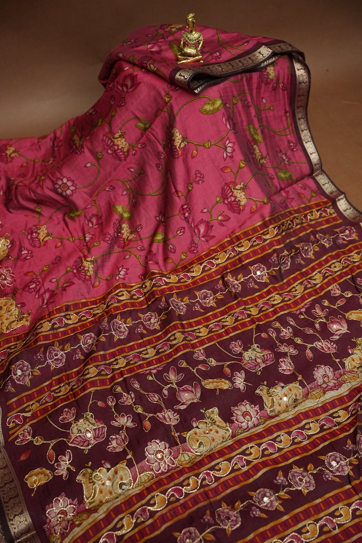 Chanderi Cotton Saree with Kalamkari Prints & Embroidered Pallu – Pink & Maroon