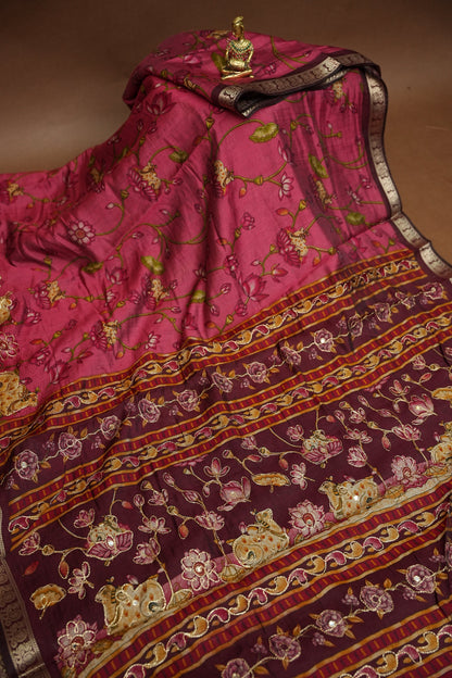 Chanderi Cotton Saree with Kalamkari Prints & Embroidered Pallu – Pink & Maroon
