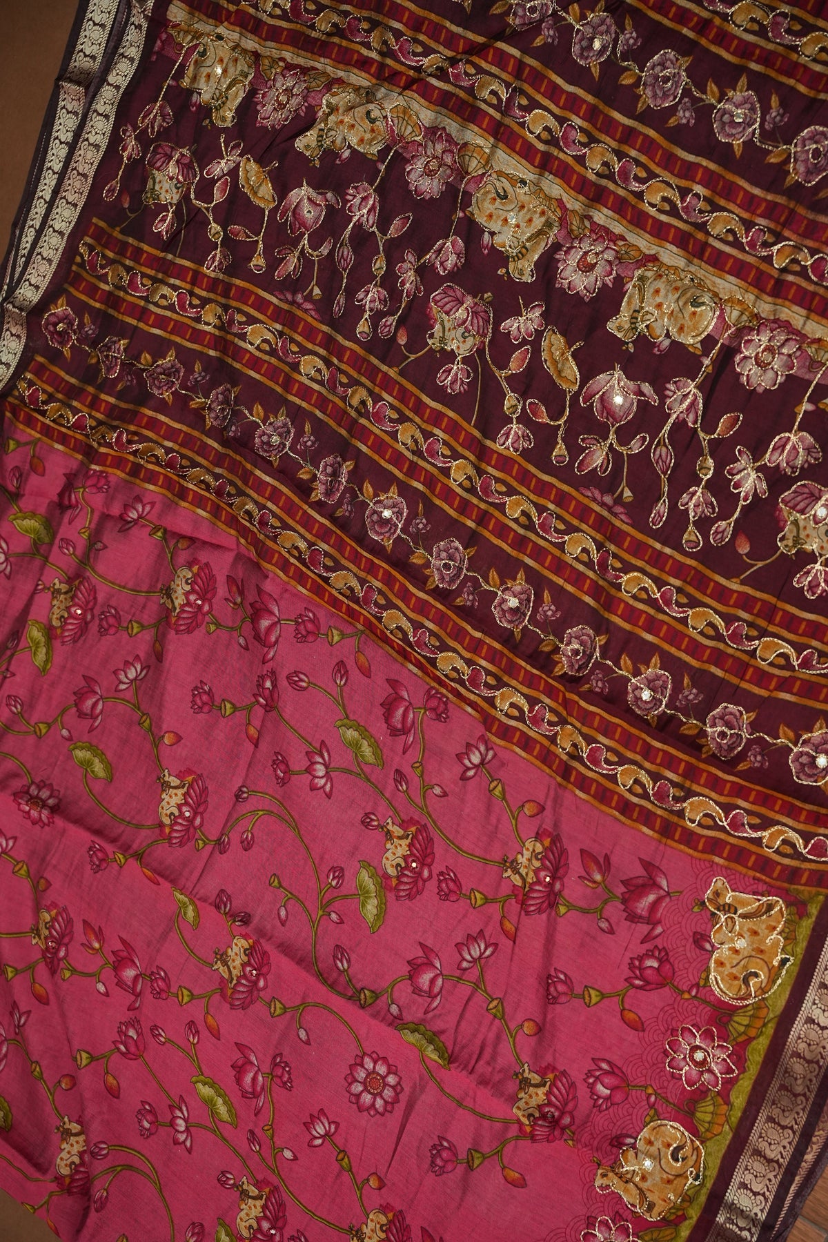 Chanderi Cotton Saree with Kalamkari Prints & Embroidered Pallu – Pink & Maroon