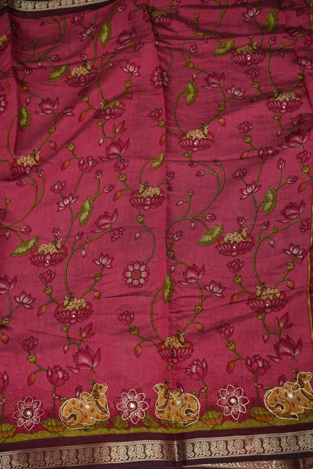 Chanderi Cotton Saree with Kalamkari Prints & Embroidered Pallu – Pink & Maroon