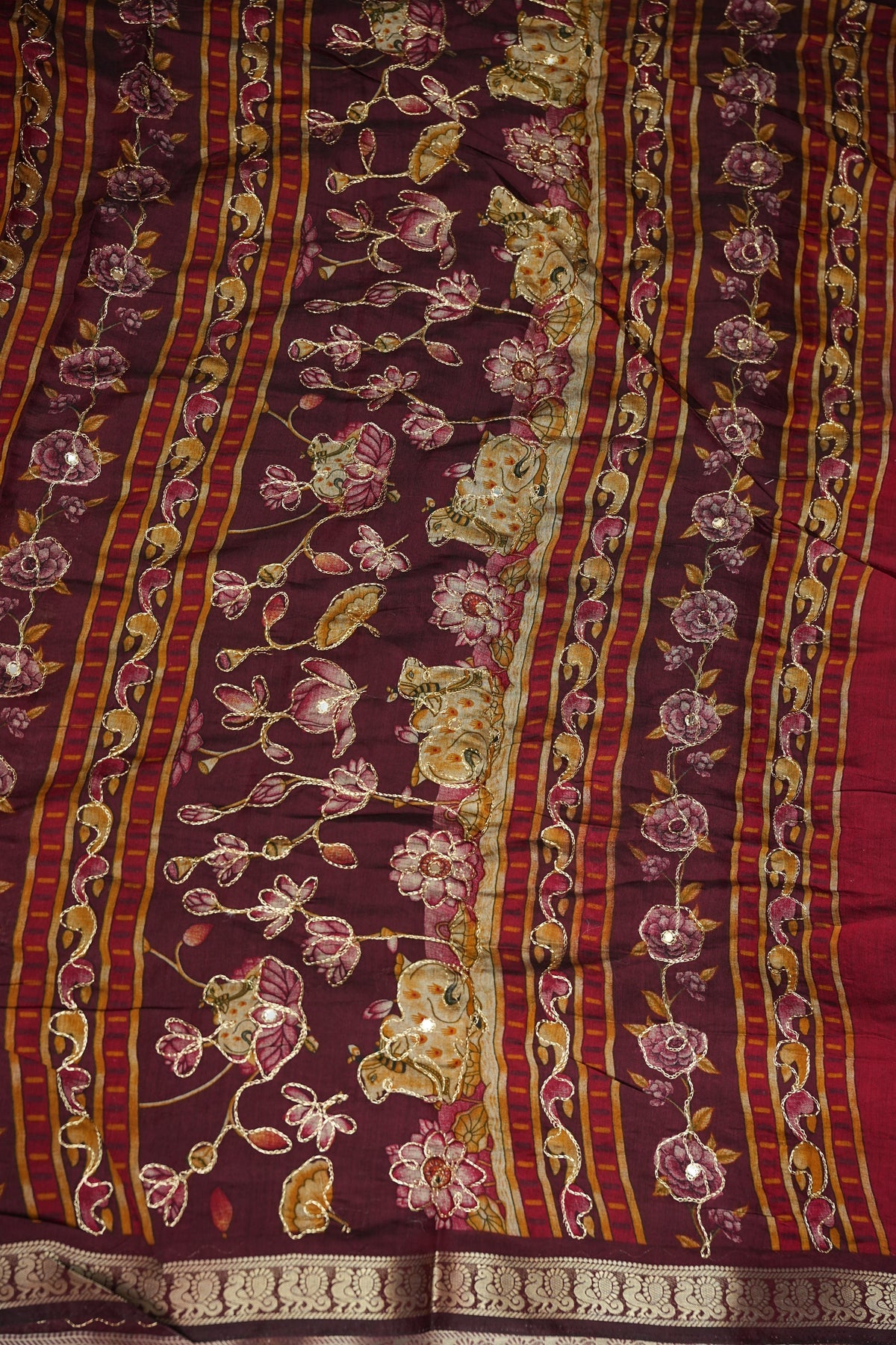 Chanderi Cotton Saree with Kalamkari Prints & Embroidered Pallu – Pink & Maroon