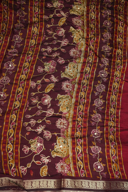 Chanderi Cotton Saree with Kalamkari Prints & Embroidered Pallu – Pink & Maroon