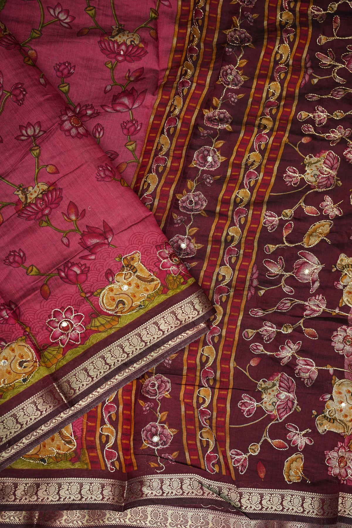 Chanderi Cotton Saree with Kalamkari Prints & Embroidered Pallu – Pink & Maroon