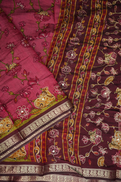 Chanderi Cotton Saree with Kalamkari Prints & Embroidered Pallu – Pink & Maroon