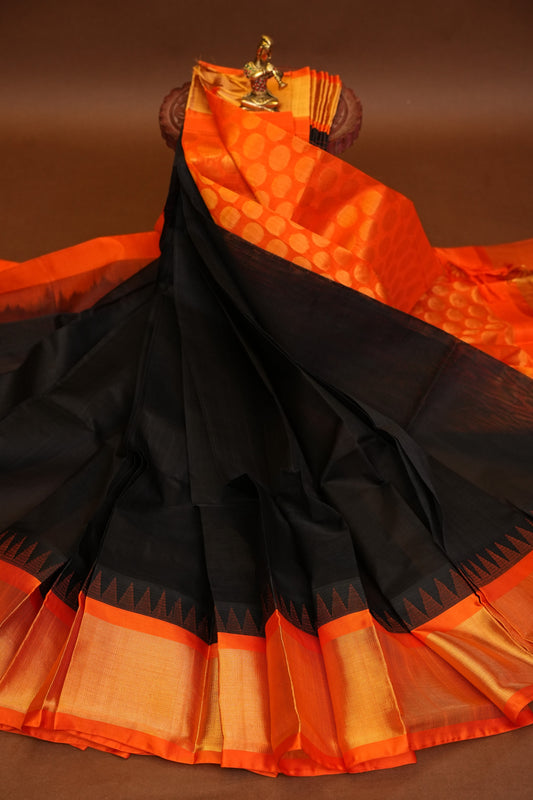 Pure Kuppadam Korvai Silk Cotton Pattu Saree-Black & Orange
