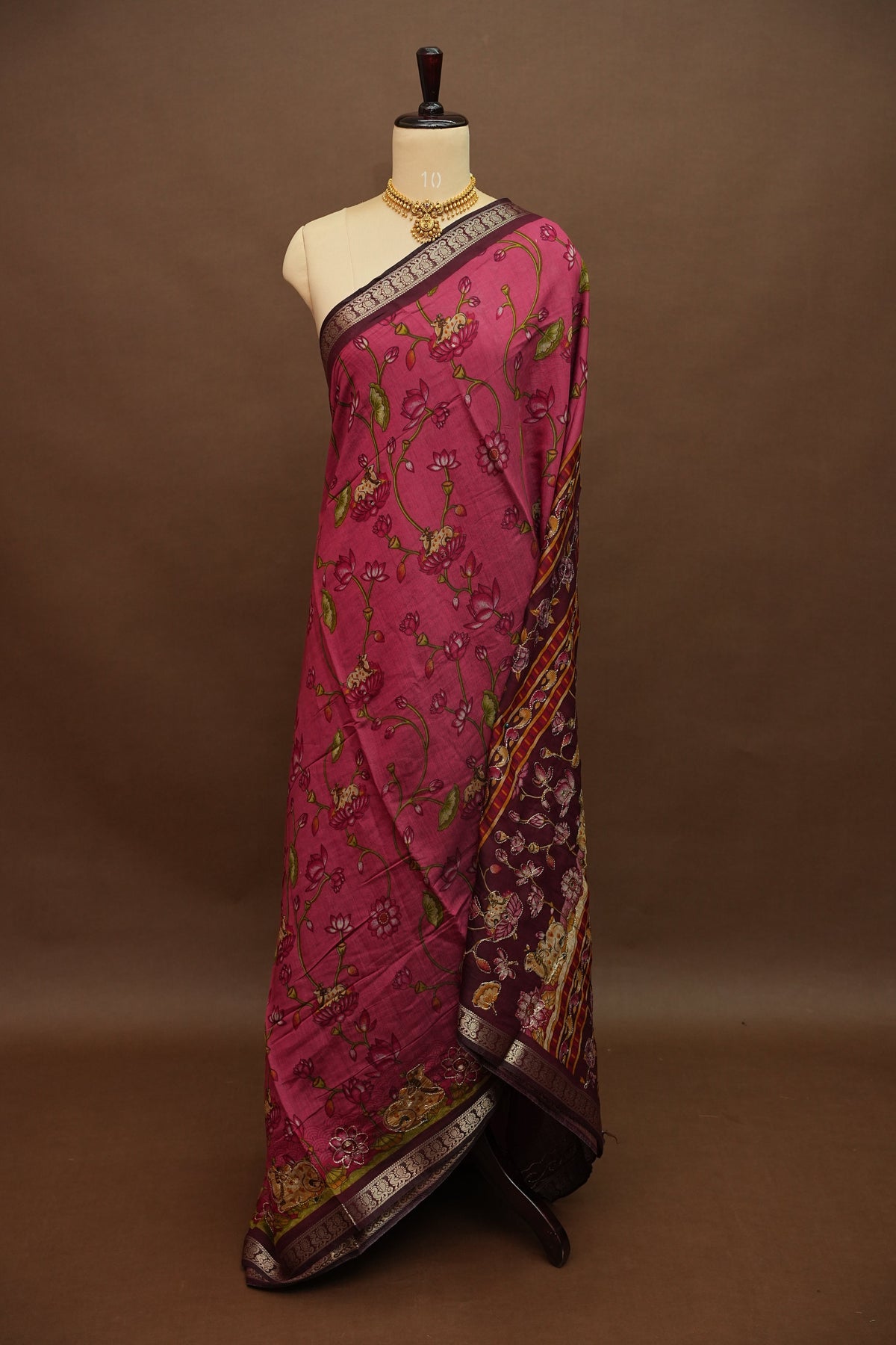 Chanderi Cotton Saree with Kalamkari Prints & Embroidered Pallu – Pink & Maroon