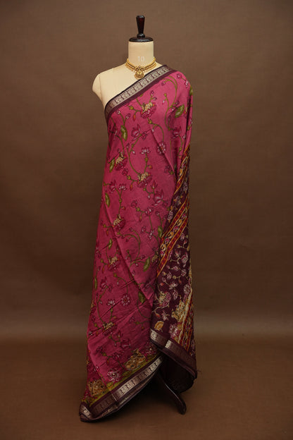 Chanderi Cotton Saree with Kalamkari Prints & Embroidered Pallu – Pink & Maroon