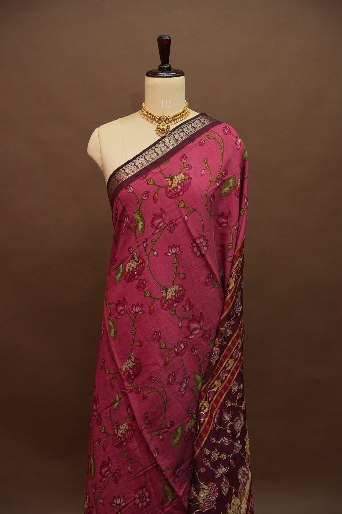 Chanderi Cotton Saree with Kalamkari Prints & Embroidered Pallu – Pink & Maroon