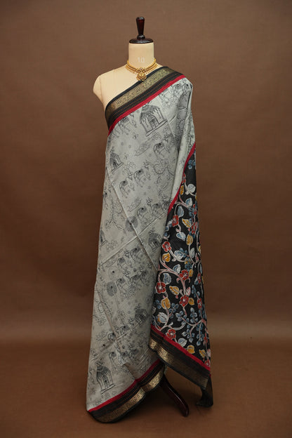 Chanderi Cotton Saree with Kalamkari Prints & Embroidered Pallu – Grey & Black