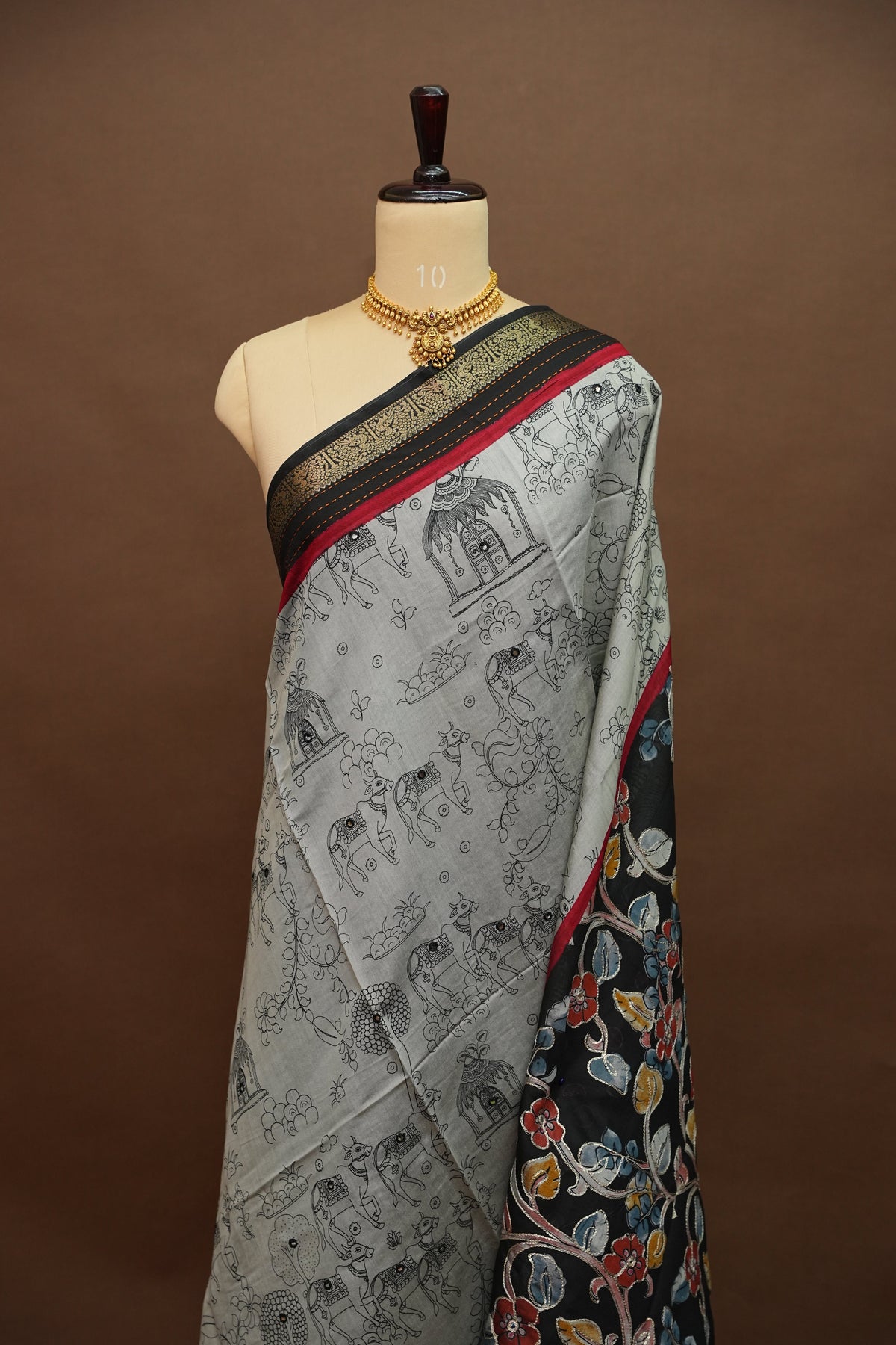 Chanderi Cotton Saree with Kalamkari Prints & Embroidered Pallu – Grey & Black