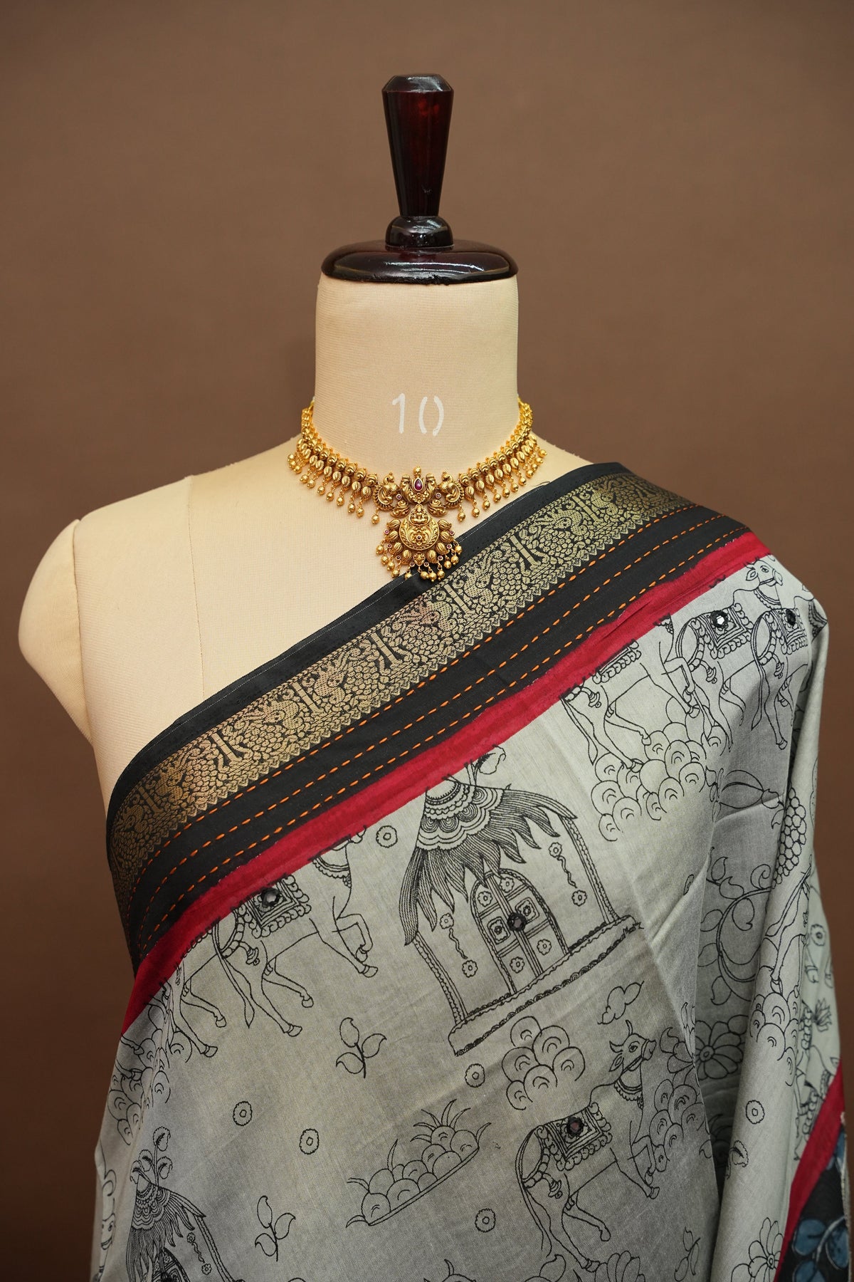 Chanderi Cotton Saree with Kalamkari Prints & Embroidered Pallu – Grey & Black