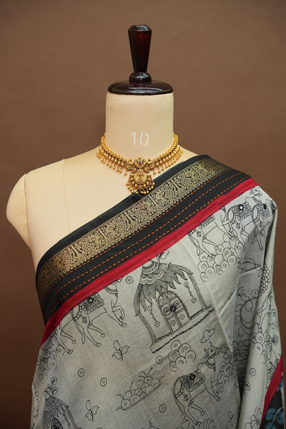 Chanderi Cotton Saree with Kalamkari Prints & Embroidered Pallu – Grey & Black