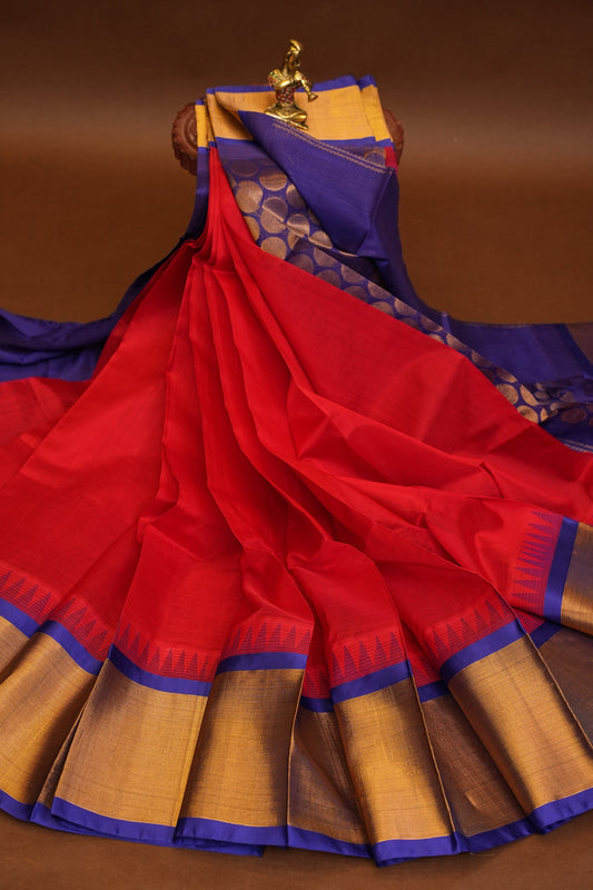 Pure Kuppadam Korvai Silk Cotton Pattu Saree-Red & Royal Blue