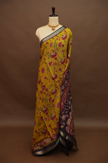 Chanderi Cotton Saree with Kalamkari Prints & Embroidered Pallu – Mustard Yellow & Brown