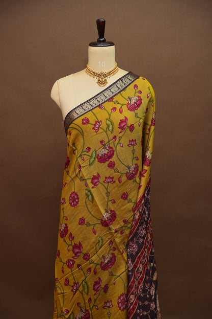 Chanderi Cotton Saree with Kalamkari Prints & Embroidered Pallu – Mustard Yellow & Brown