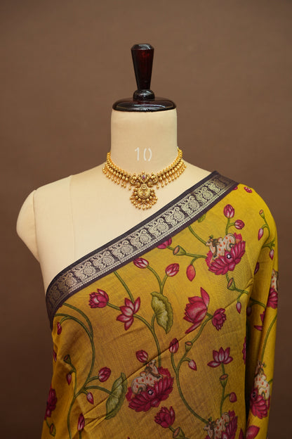 Chanderi Cotton Saree with Kalamkari Prints & Embroidered Pallu – Mustard Yellow & Brown