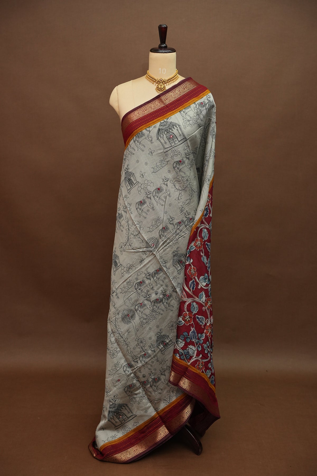 Chanderi Cotton Saree with Kalamkari Prints & Embroidered Pallu – Grey & Maroon