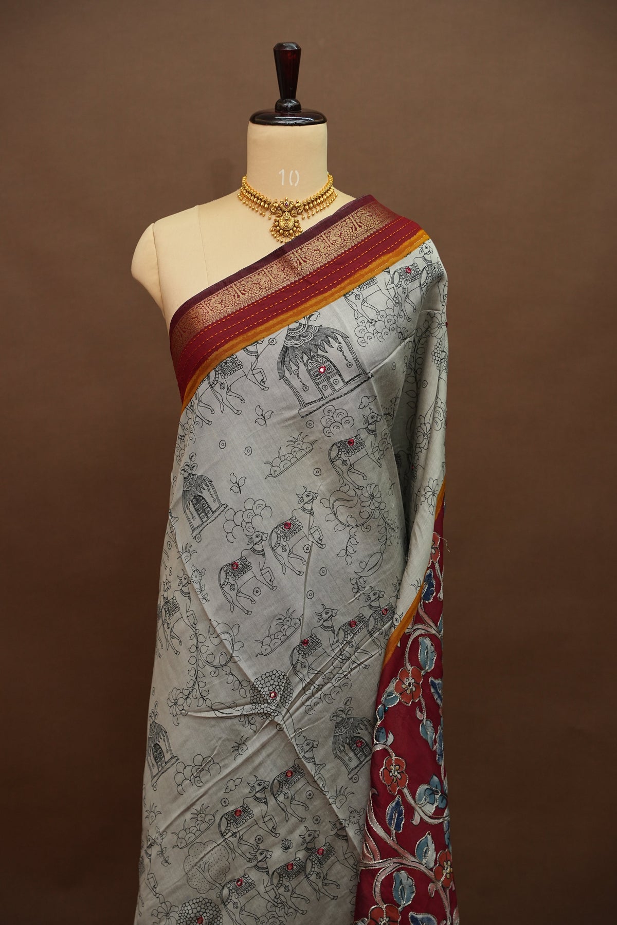 Chanderi Cotton Saree with Kalamkari Prints & Embroidered Pallu – Grey & Maroon
