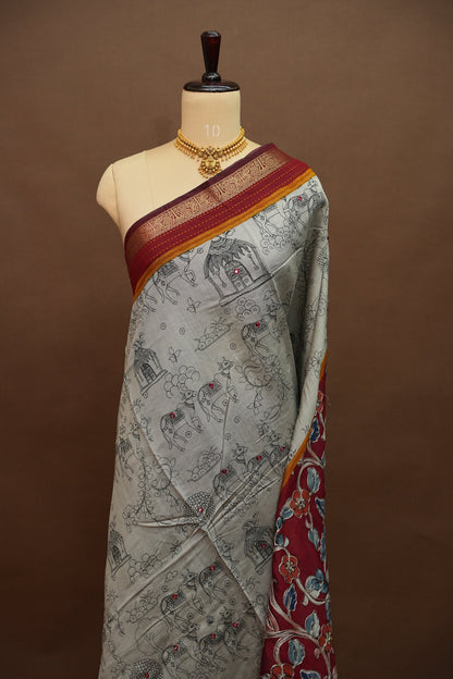 Chanderi Cotton Saree with Kalamkari Prints & Embroidered Pallu – Grey & Maroon
