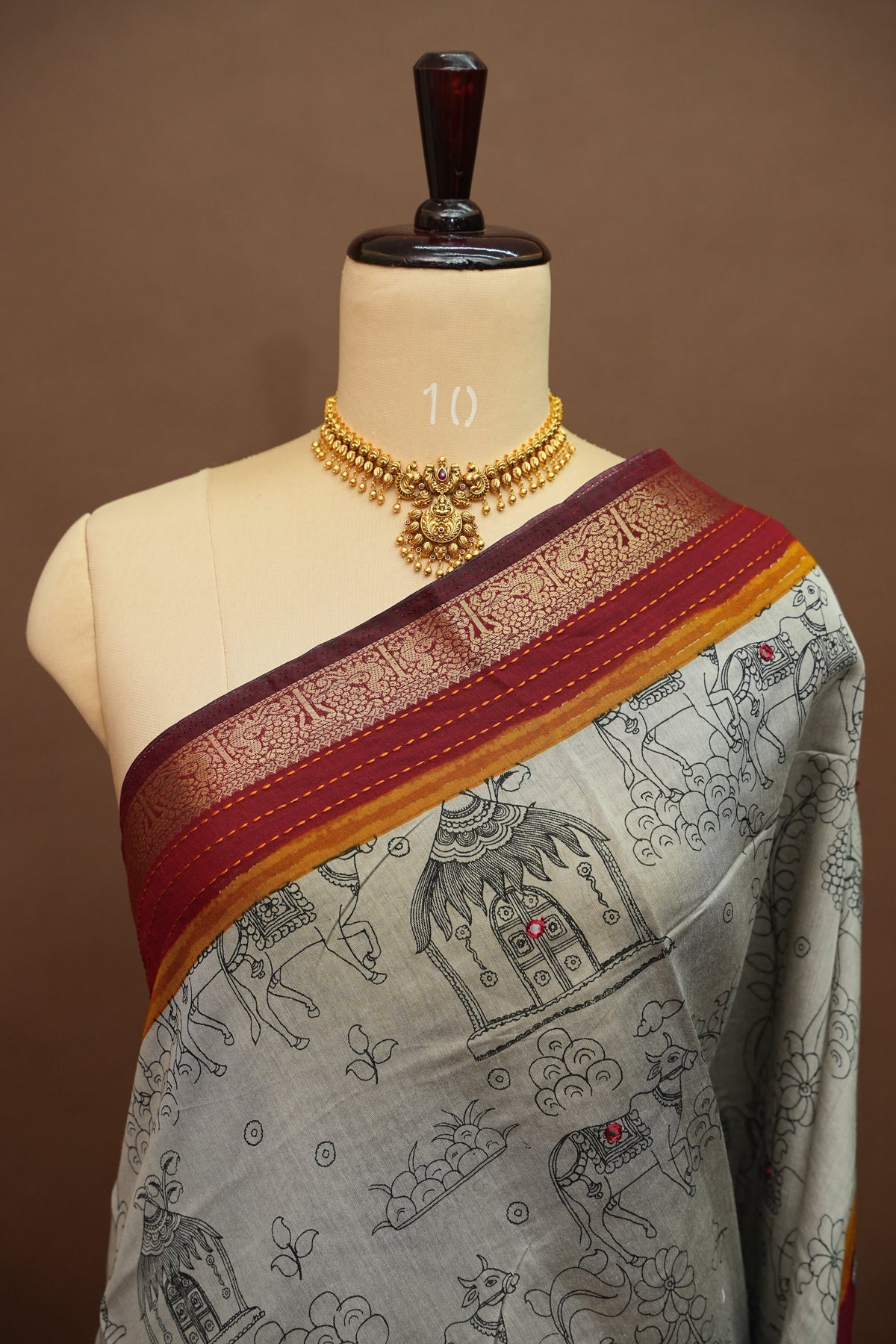 Chanderi Cotton Saree with Kalamkari Prints & Embroidered Pallu – Grey & Maroon