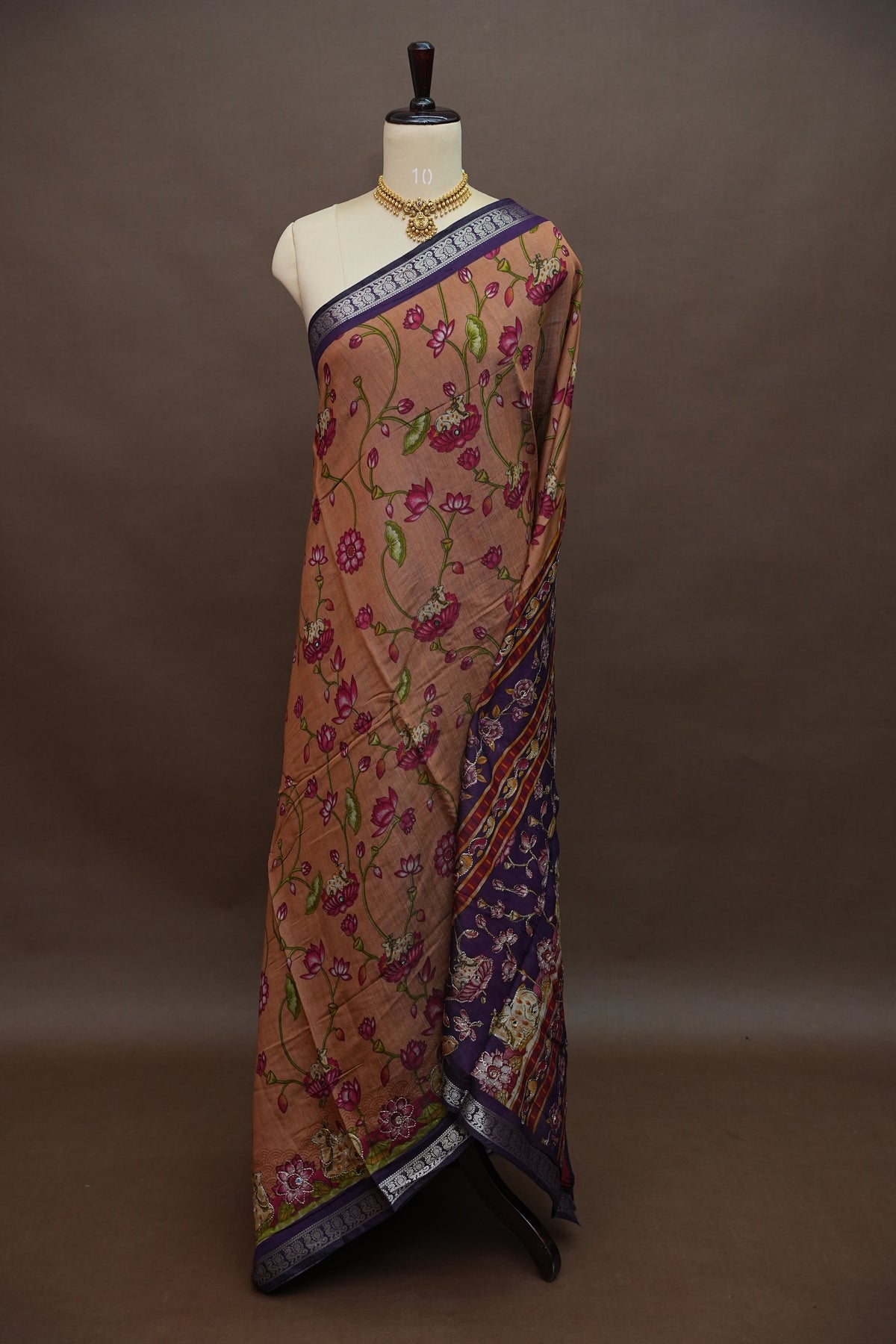 Chanderi Cotton Saree with Kalamkari Prints & Embroidered Pallu – Peach & Purple