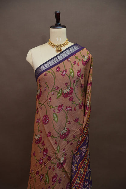 Chanderi Cotton Saree with Kalamkari Prints & Embroidered Pallu – Peach & Purple