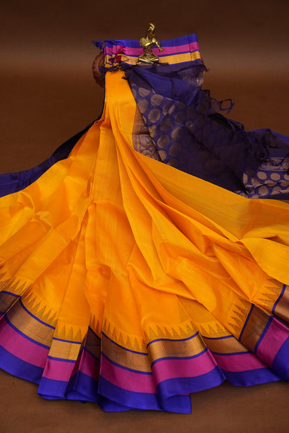 Pure Kuppadam Korvai Silk Cotton Pattu Saree-Yellow & Blue